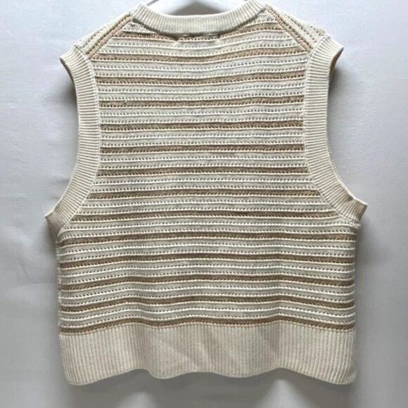 French Connection Sleeveless Sweater Women's XL Ivory Gold Stripe Knit Vest NWT - Picture 2 of 7